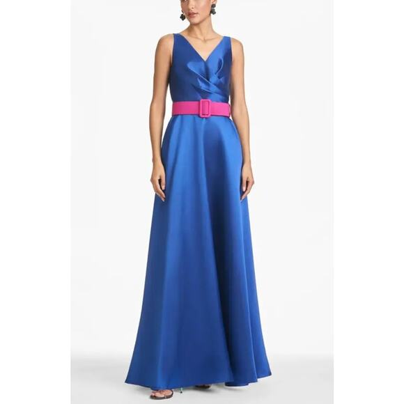 Sachin & Babi Rae Gown Eclipse Blue Fuchsia Belt Sz 4 NWT Glamorous A-Line Dress - Picture 1 of 15